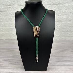 Vtg Bolo Tie Green Braided Cord Brown Marbled Wood Pendant Silver Tone Metal Tip